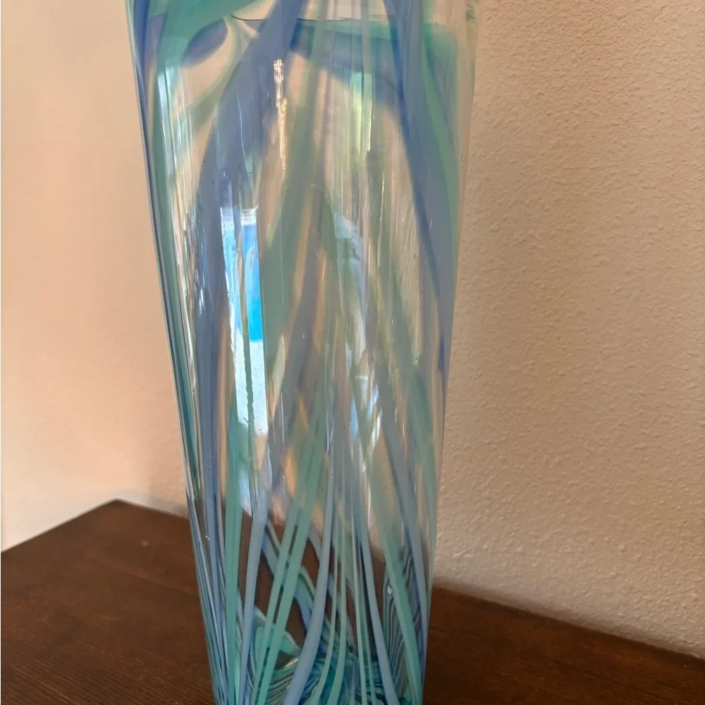 Vintage hand blown Blue and Green Swirl Glass Vase